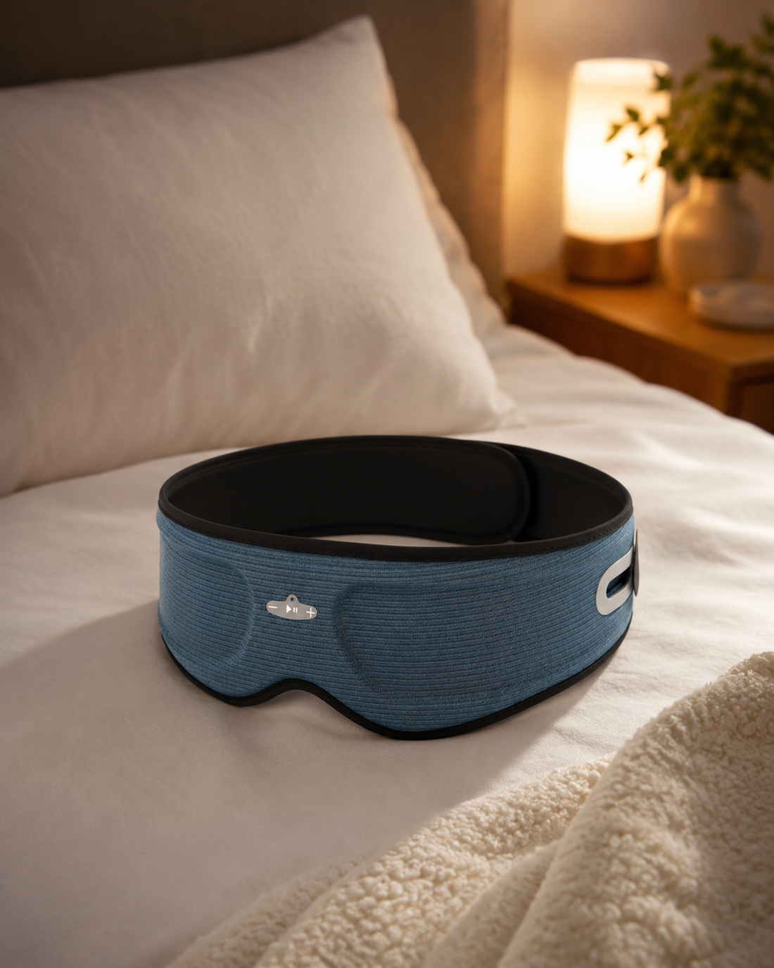 Masque de sommeil Bluetooth DreamEar pose sur un lit, chambre tamisee