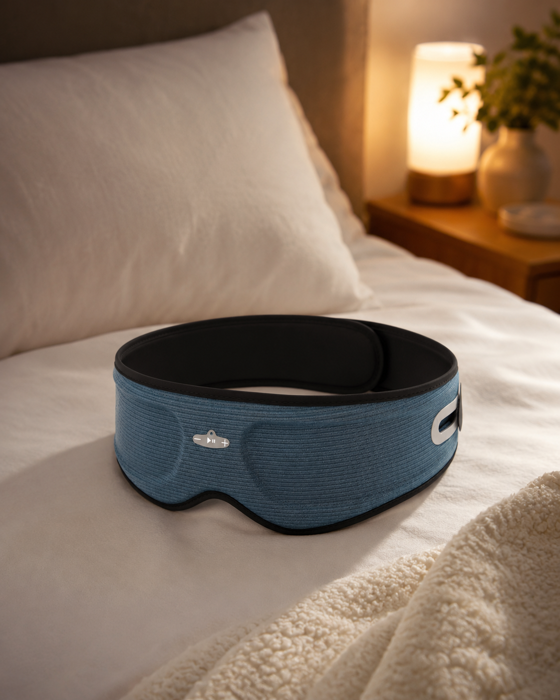 Masque de sommeil Bluetooth DreamEar posé sur un lit dans une chambre tamisée
