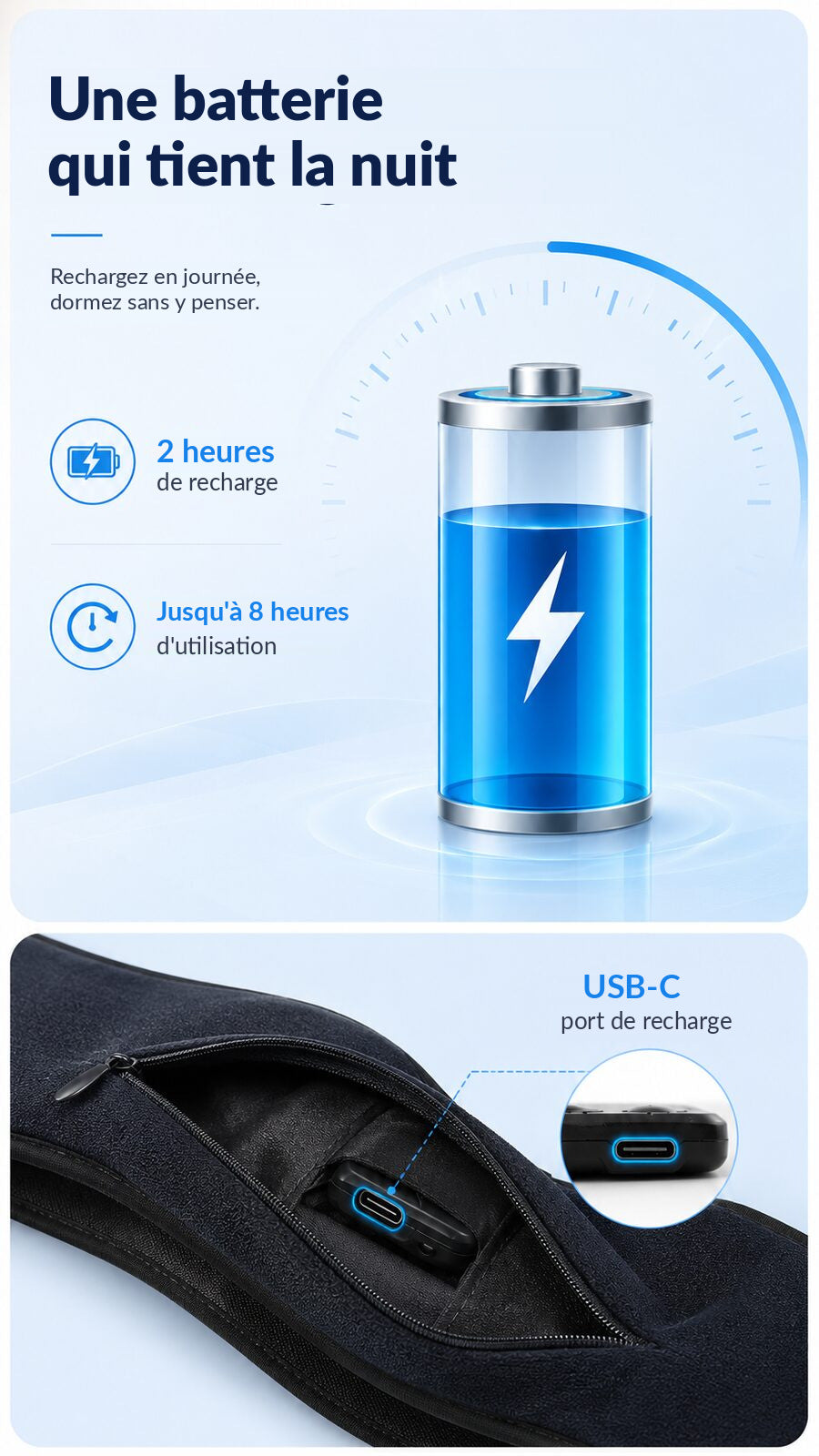 Autonomie du masque DreamEar : 2 h de recharge, jusqu'à 8 h d'utilisation, port USB-C