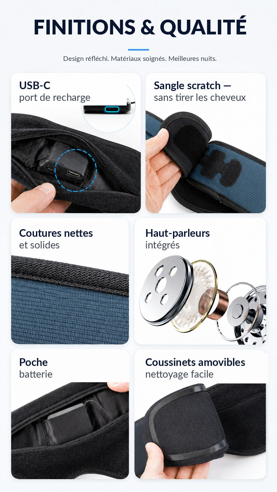 Finitions et qualité du masque de sommeil Bluetooth DreamEar